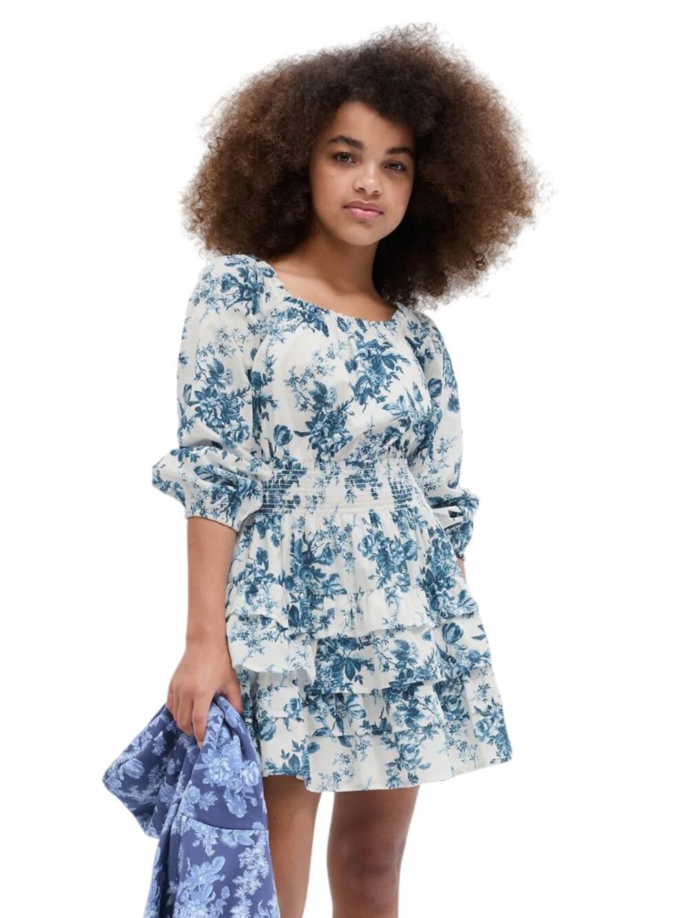 LoveShackFancy x Gap Girls Floral Mini Dress size S small 6 7 white blue sleeve